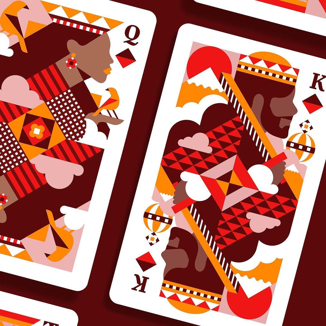 Geometric illustration featuring King and Queen playing cards in a modern, angular design with red, orange, and brown color palette.
