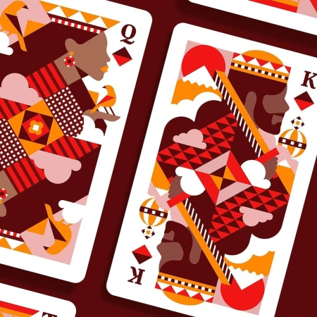 Geometric illustration featuring King and Queen playing cards in a modern, angular design with red, orange, and brown color palette.