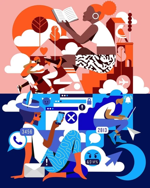 Digital illustration of two scenes showing connected but separate lives; one side is outside with people running, and one side is digitally themed.