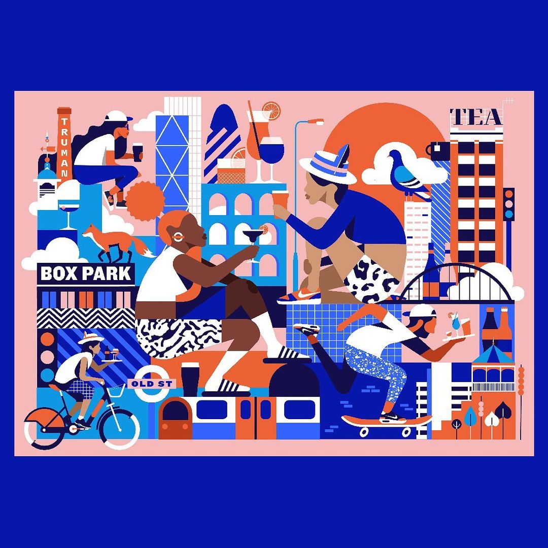 Illustration of stylized humans enjoying cocktails in a city landscape, with buildings, skateboards, bicycles, and urban elements.
