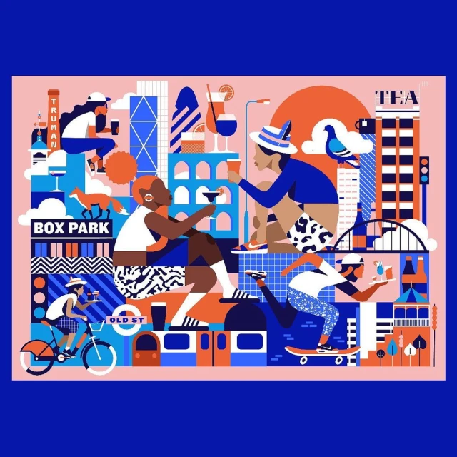 Illustration of stylized humans enjoying cocktails in a city landscape, with buildings, skateboards, bicycles, and urban elements.