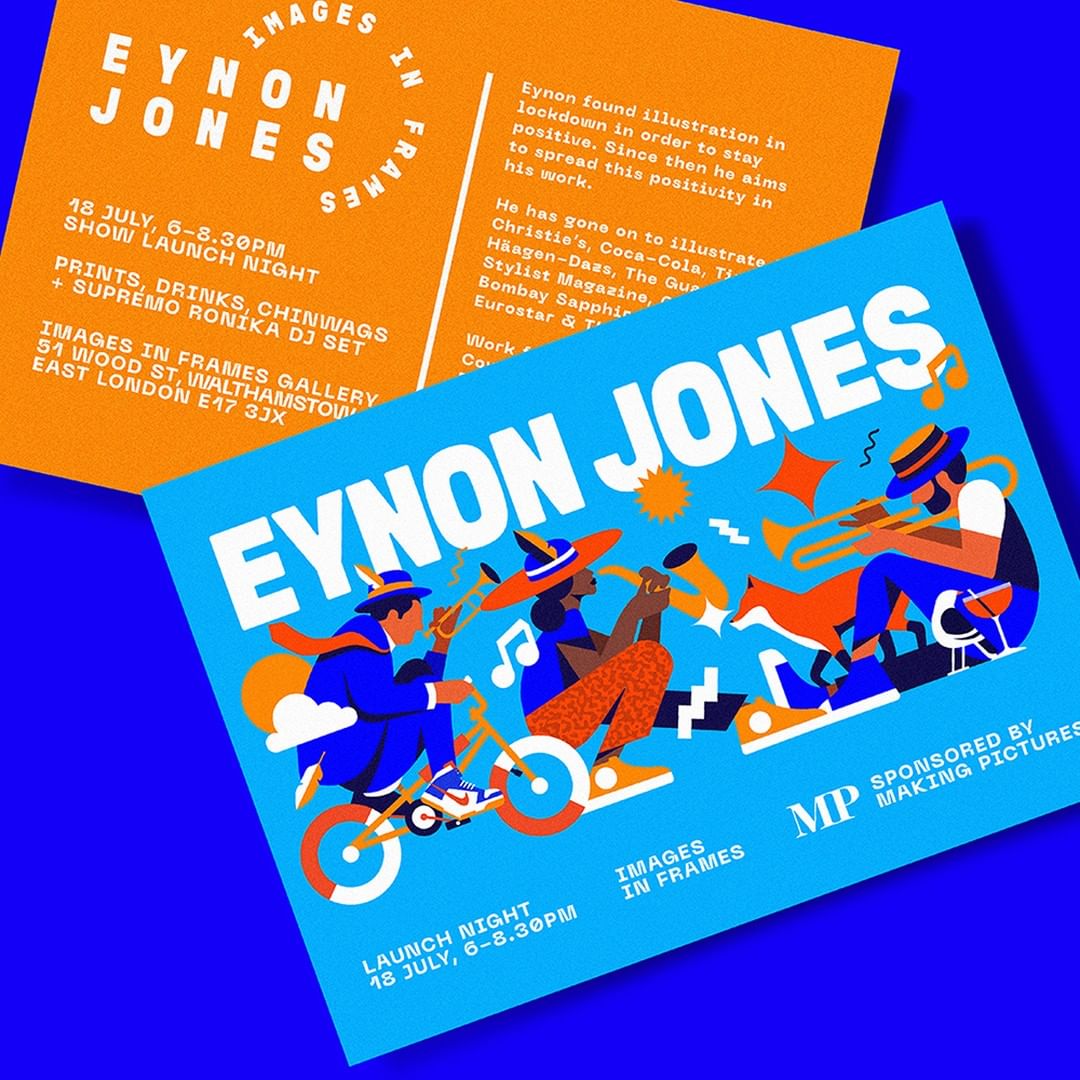 Eye-level shot of promotional flyers for an Eynon Jones art show, featuring colorful illustrations, event details, and sponsor logos.