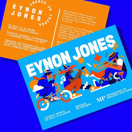 Eye-level shot of promotional flyers for an Eynon Jones art show, featuring colorful illustrations, event details, and sponsor logos.
