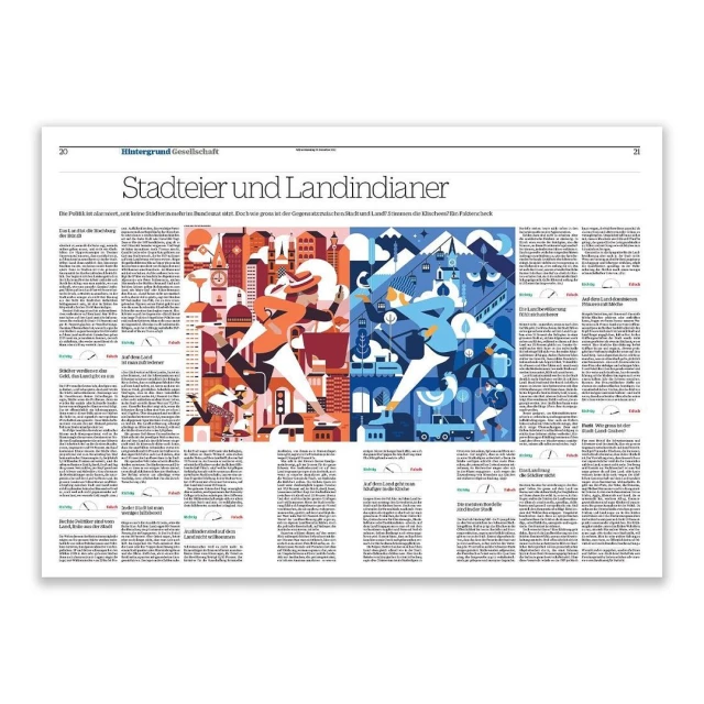 Illustrated newspaper page featuring a split visual of city and mountain scenes with text columns on either side. Urban and nature themes.