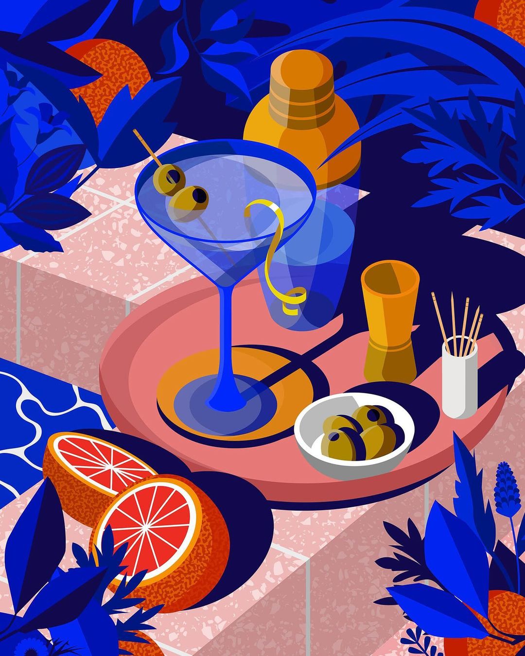 Illustration of a vibrant cocktail on a pink tray surrounded by citrus fruit and blue leaves, creating a fresh, colorful still life.