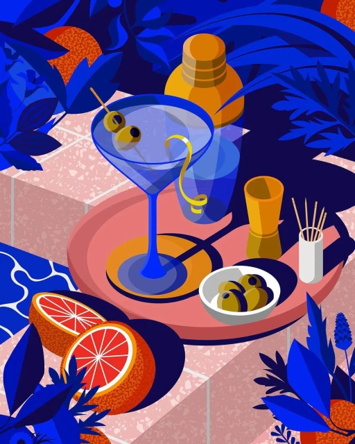 Illustration of a vibrant cocktail on a pink tray surrounded by citrus fruit and blue leaves, creating a fresh, colorful still life.