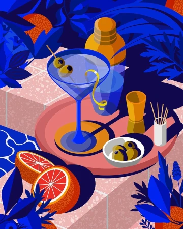 Illustration of a vibrant cocktail on a pink tray surrounded by citrus fruit and blue leaves, creating a fresh, colorful still life.