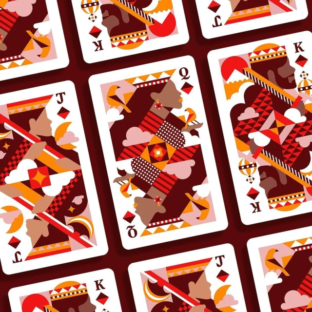 Playing card art featuring graphic designs of a king, queen, and jack on a deep red background with geometric patterns and suit symbols.
