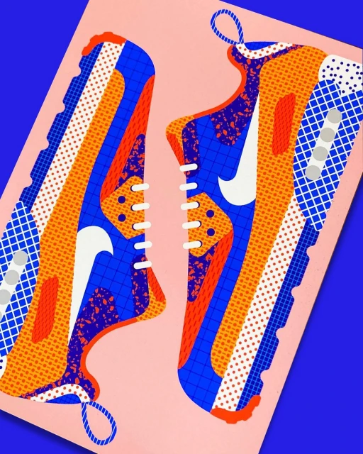 Bold graphic art featuring two Nike Air Max 90 sneakers in orange and blue on a pink background with a blue border. 