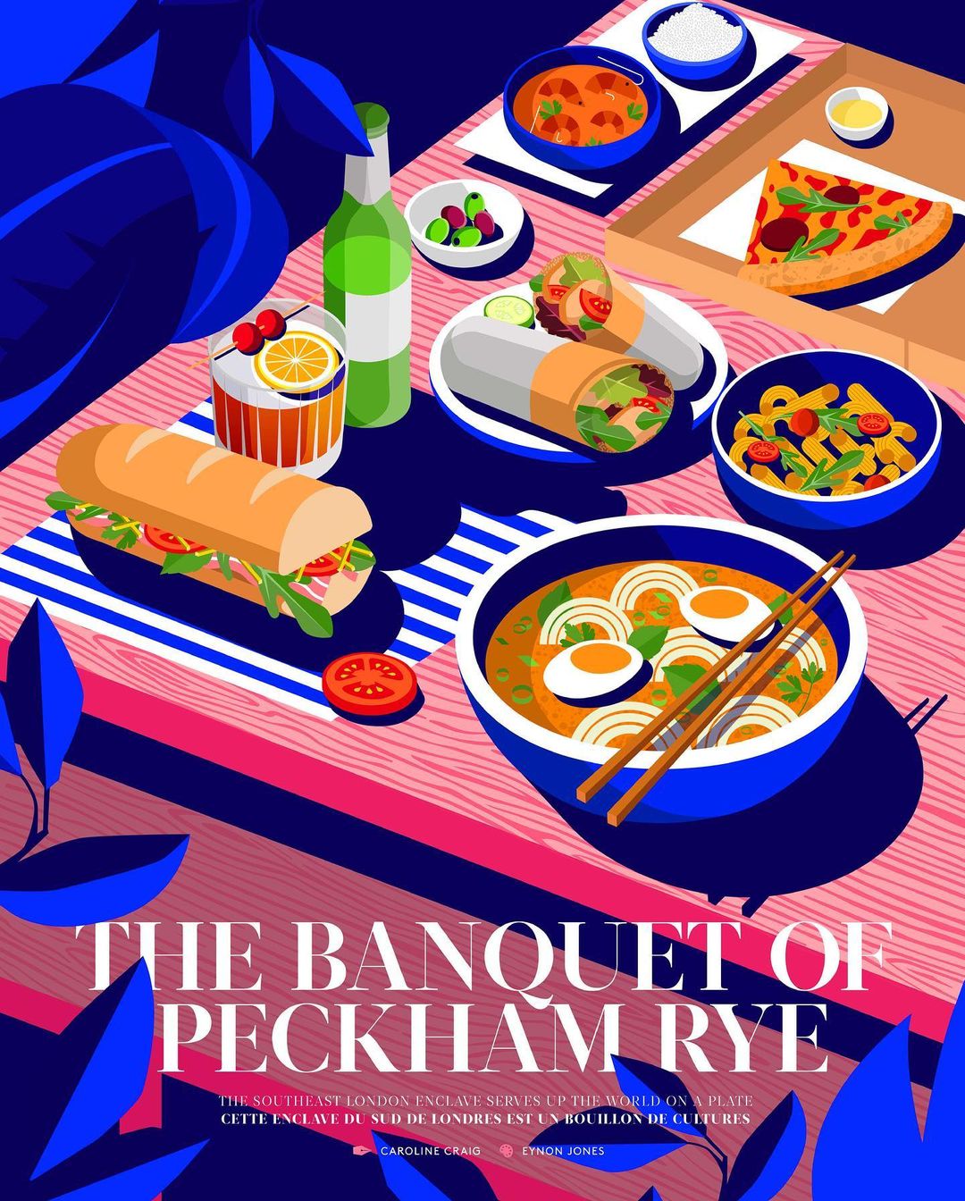 Illustrated food spread: ramen, sandwich, wraps, pizza, and beverages. Colorful vector art of culinary dishes on striped surface.
