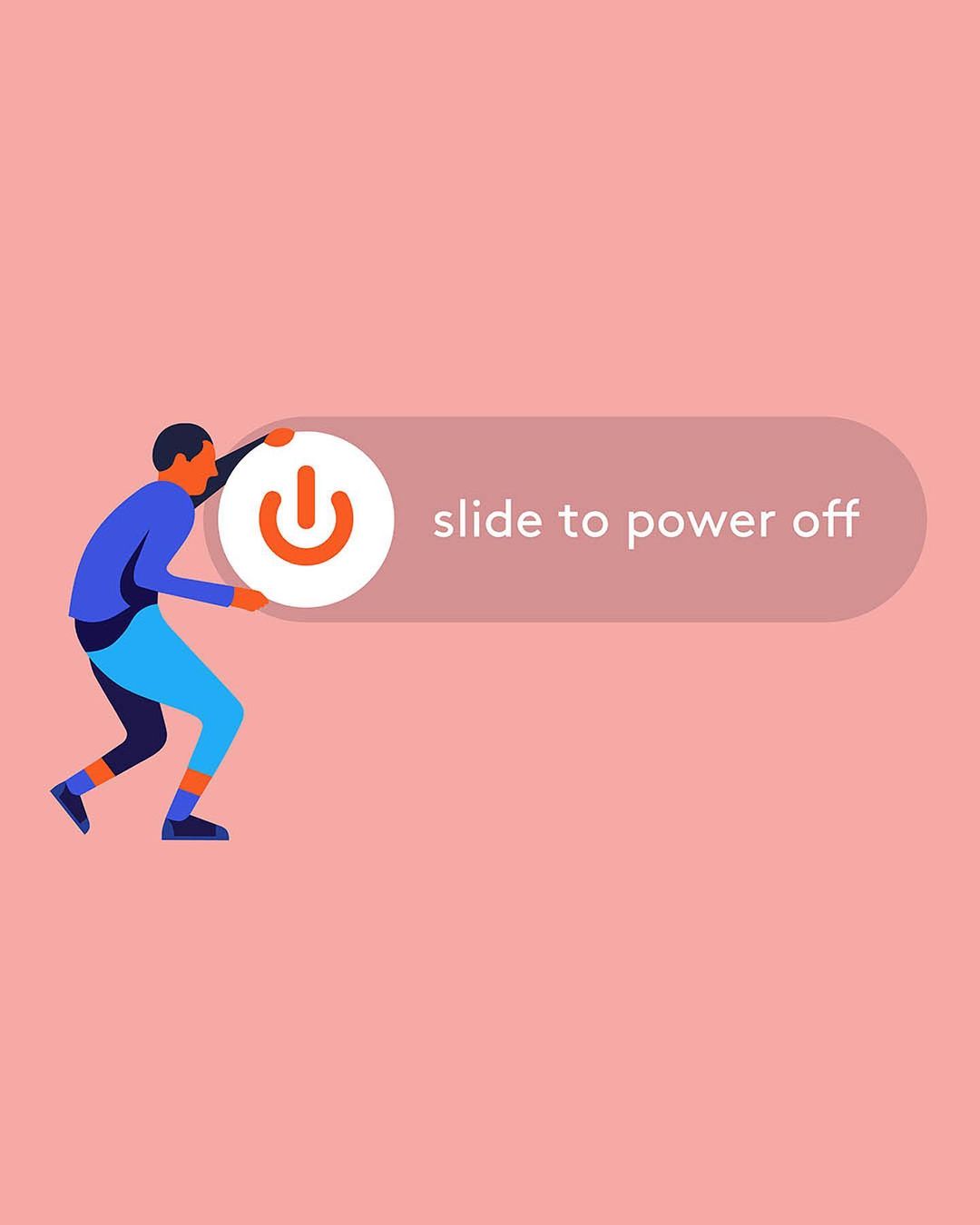 Digital art illustration of a person sliding a button to power off on a pink background with the text “slide to power off”.