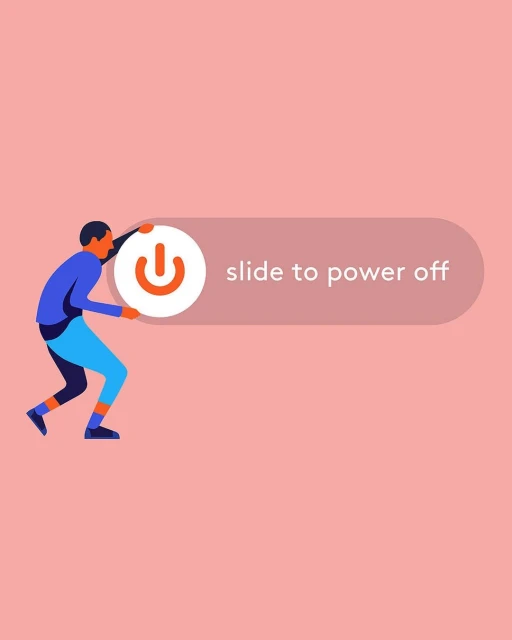 Digital art illustration of a person sliding a button to power off on a pink background with the text “slide to power off”.