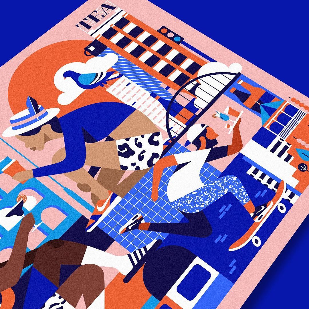 Illustration of people engaged in summer activities with geometric shapes and buildings, evoking a sense of urban recreation.
