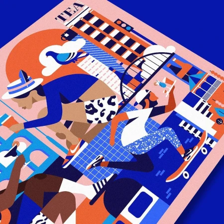 Illustration of people engaged in summer activities with geometric shapes and buildings, evoking a sense of urban recreation.