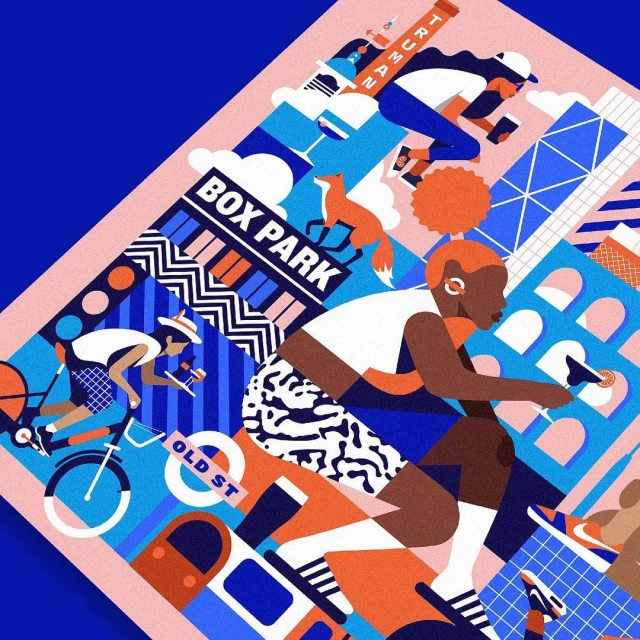 Vibrant illustration featuring cyclists, walkers, and urban landmarks rendered in geometric shapes and bold color blocks of blue, orange, and pink.