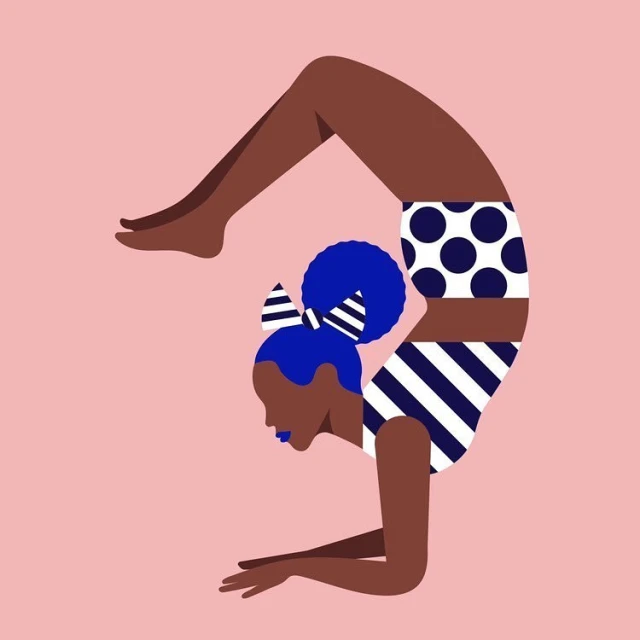 Illustration of a stylized woman in a handstand position wearing a polka dot and striped bathing suit against a pink background.