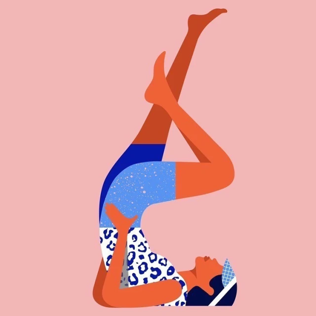 Illustration of woman in shoulder stand pose wearing blue patterned shorts and top against pink background in vector format.