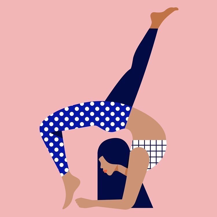 Illustration of a woman doing a yoga backbend with legs extended, wearing polka dot leggings and set against a pastel pink background.