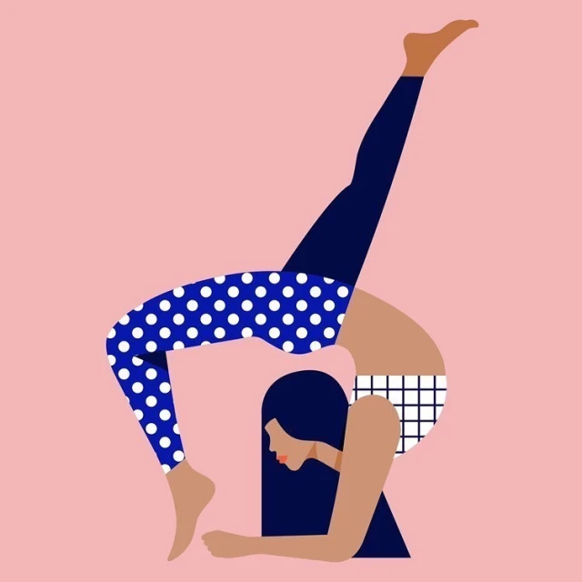 Illustration of a woman doing a yoga backbend with legs extended, wearing polka dot leggings and set against a pastel pink background.