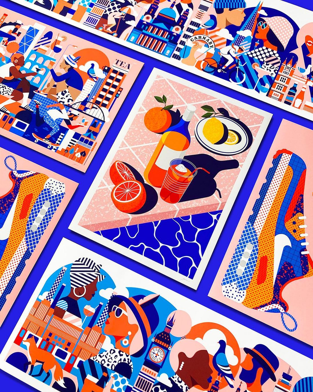 Colorful flat illustration style prints featuring cityscapes, food & drink, and abstract shapes against a light pink and blue background.