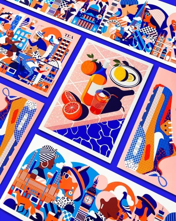 Colorful flat illustration style prints featuring cityscapes, food & drink, and abstract shapes against a light pink and blue background.