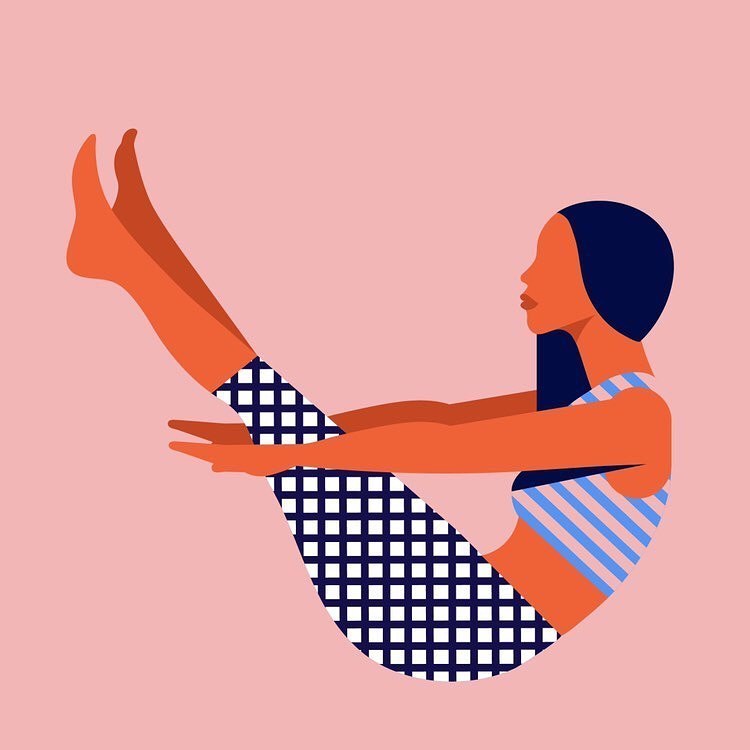 Illustration of a woman in the boat pose doing yoga wearing a striped top and checkered leggings against a pink background.
