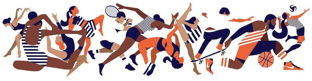 Illustration of active people in various sports poses, including tennis, basketball, volleyball, and skateboarding, on a white background.