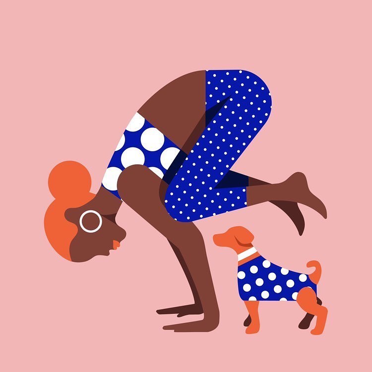 Illustration of a woman in a yoga pose with a dog wearing a matching polka dot outfit on a pink background.