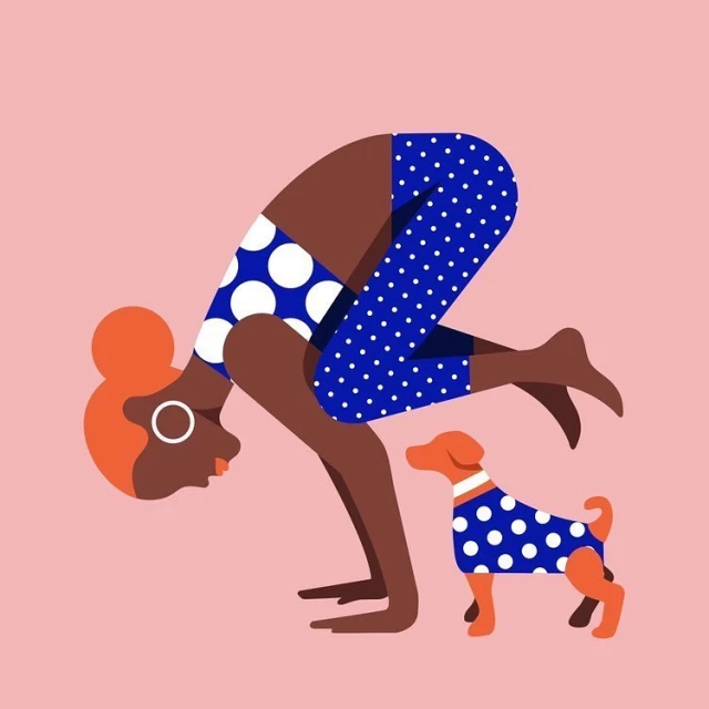 Illustration of a woman in a yoga pose with a dog wearing a matching polka dot outfit on a pink background.