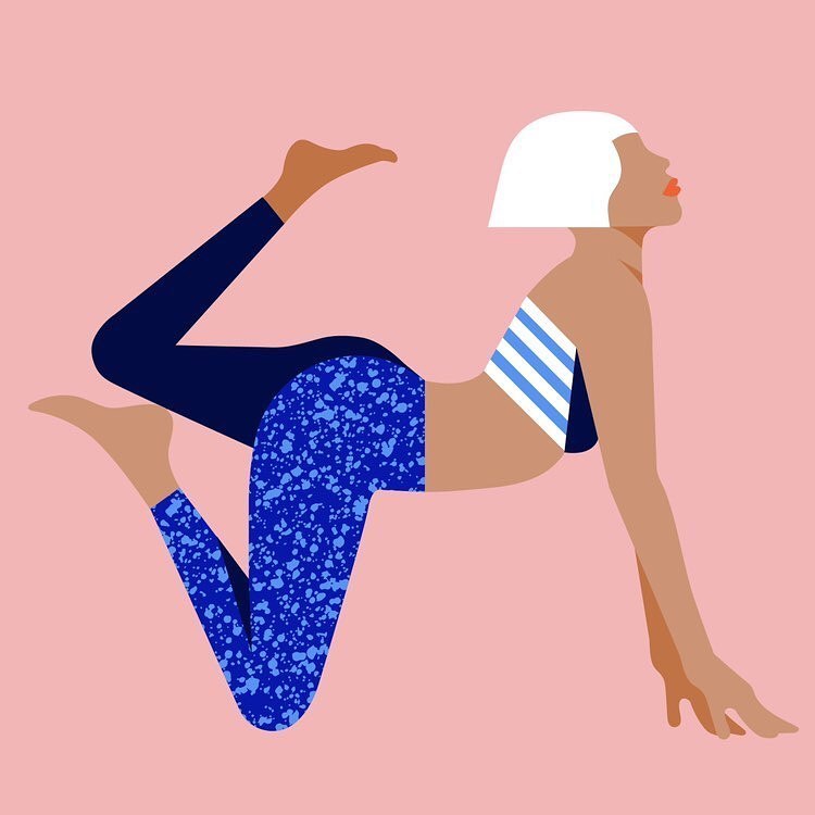 Illustration of a woman in an arched yoga pose, wearing a striped blue-and-white top and patterned leggings, set against a pink background.