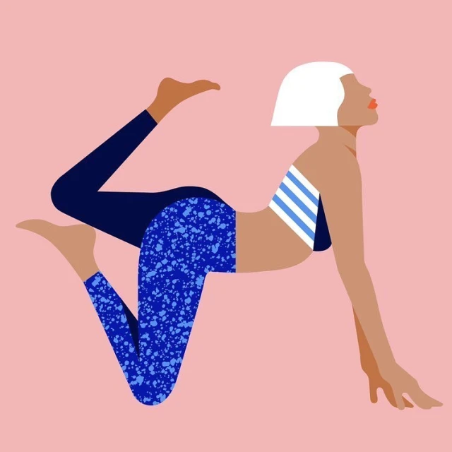 Illustration of a woman in an arched yoga pose, wearing a striped blue-and-white top and patterned leggings, set against a pink background.