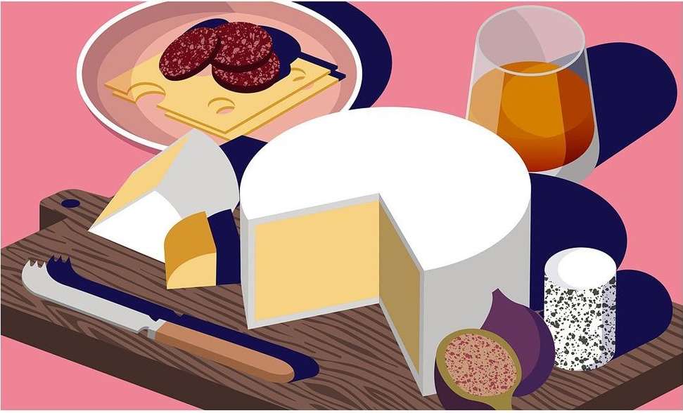 Illustration of cheese and charcuterie arranged on a wood cutting board, showcasing a variety of gourmet food, with figs and drink.