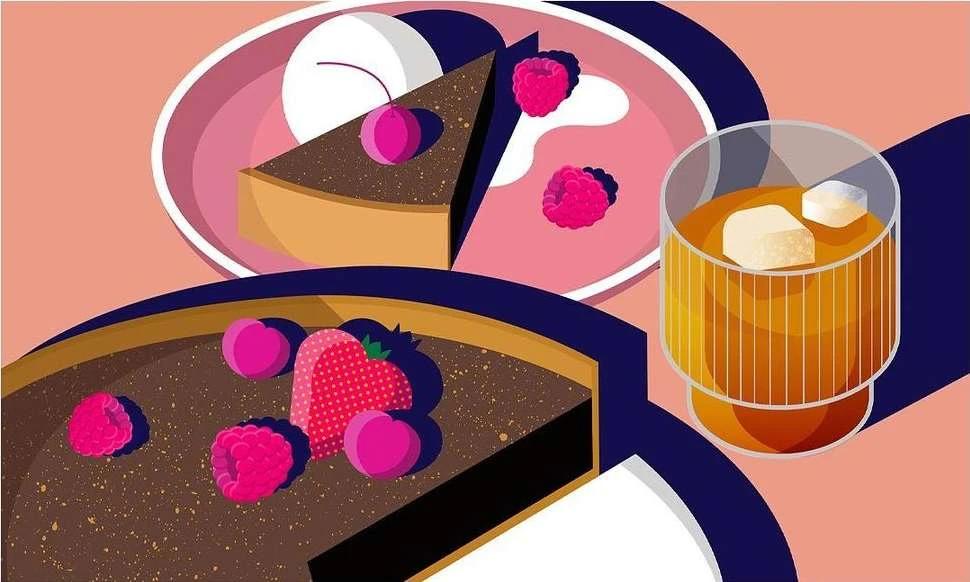 Illustration of dessert with chocolate cake topped with berries and drink with ice cubes, set against a peach background.