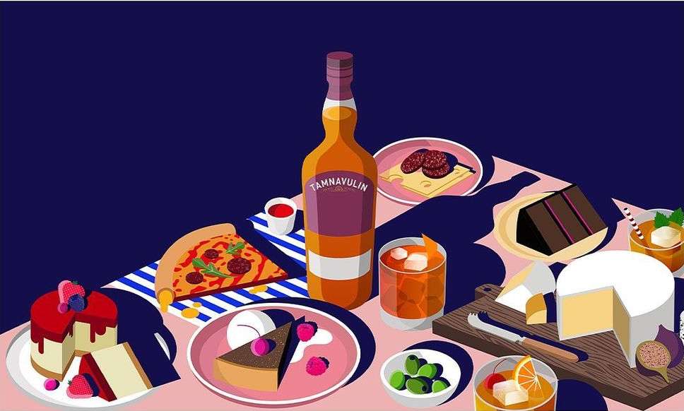 Stylized vector illustration featuring a bottle of liquor surrounded by various food items, including pizza, cake, cheese, and cocktails.
