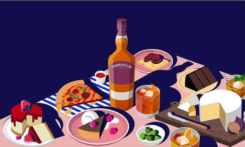Stylized vector illustration featuring a bottle of liquor surrounded by various food items, including pizza, cake, cheese, and cocktails.