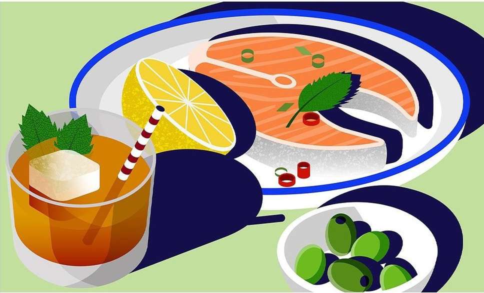 Illustration of salmon steak, lemon slice, a cocktail with ice, and olives in a white bowl on a light green surface.