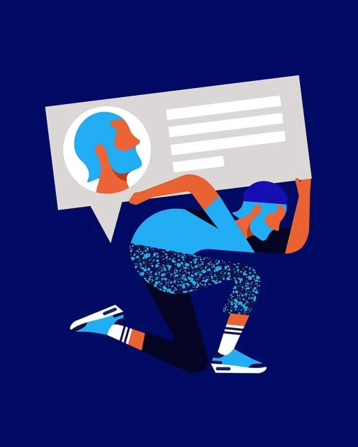 Illustration of a person running with a speech bubble profile against a navy blue background, bright graphic style.