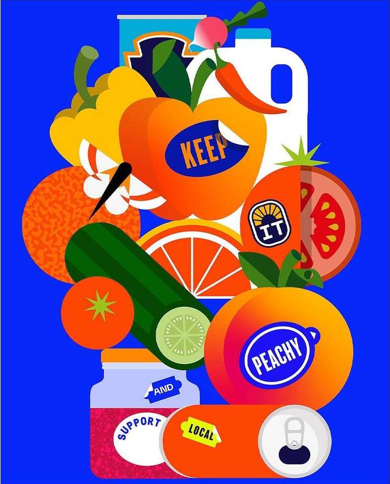 Colorful flat vector illustration of fruits and food in shades of blue, orange, yellow, and white on a vibrant blue background.