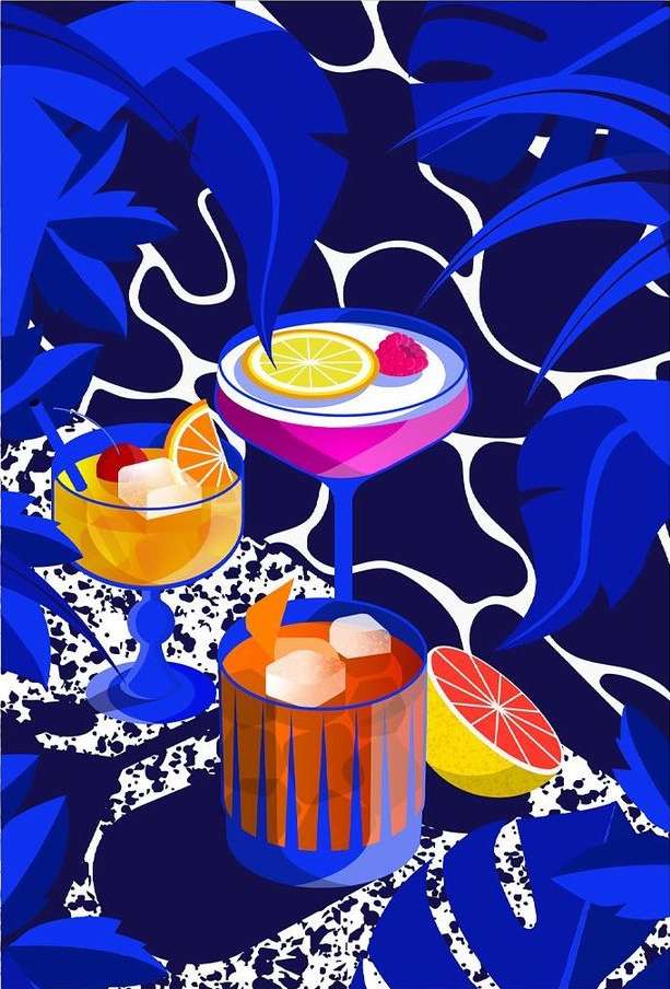 Digital illustration of three colorful cocktails in stemmed glasses with fruit garnish, set against a background of stylized blue leaves.