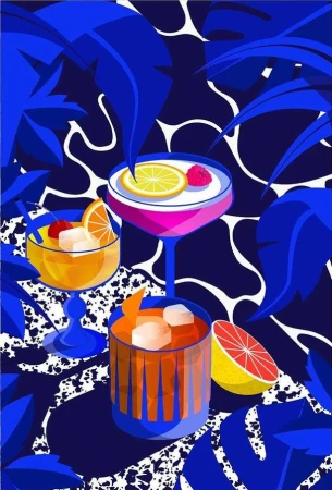 Digital illustration of three colorful cocktails in stemmed glasses with fruit garnish, set against a background of stylized blue leaves.