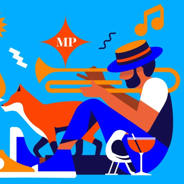 Illustration of a man playing a trumpet with a fox, cocktail, and musical notes on a vibrant blue background.