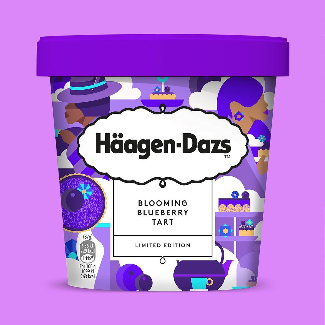 Haagen-Dazs ice cream container with blooming blueberry tart flavor, featuring illustrated food and people on a light purple background.