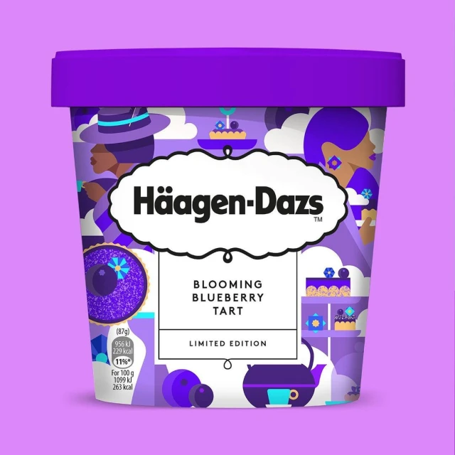 Haagen-Dazs ice cream container with blooming blueberry tart flavor, featuring illustrated food and people on a light purple background.