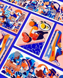 Collection of vibrant illustrated art prints featuring colorful city scenes, citrus drinks, and sneakers by Eynon Jones