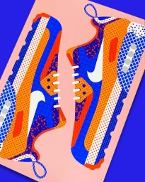 Colorful vector illustration of two patterned sneakers with blue, orange, and white graphic details on a pink background.