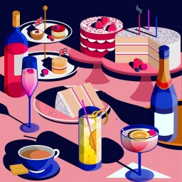 Illustrated celebration table laden with decorated cakes, tiered pastries, wine bottles, and cocktails by Eynon Jones.
