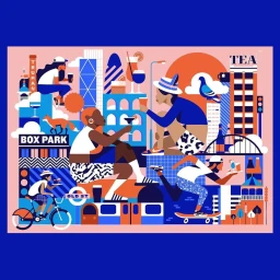 Colorful vector illustration by Eynon Jones featuring people enjoying city life with cocktails, cycling, and skateboarding in London.