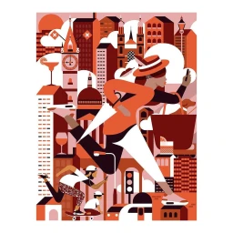 Vector illustration of a woman in an orange jacket running through a stylized city by Eynon Jones