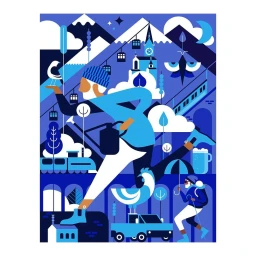 Digital illustration by Eynon Jones featuring a skier, mountains, cable cars, and a train in shades of blue and white.