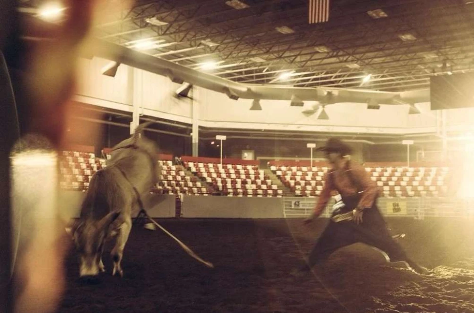 Cowboy faces a bull in an indoor rodeo arena with spectator seating, under bright lighting and an American flag hanging.